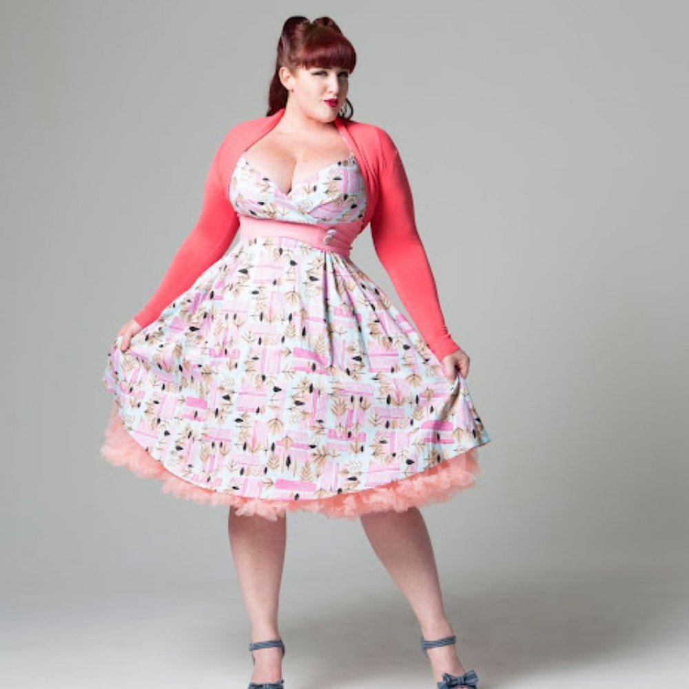 Pinup Couture Pink Floral Swing Dress with Coral Bolero